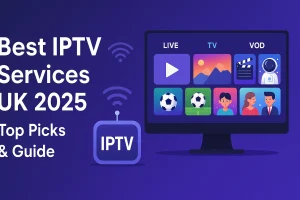 Best IPTV Services UK 2025 feature image with TV streaming apps and remote